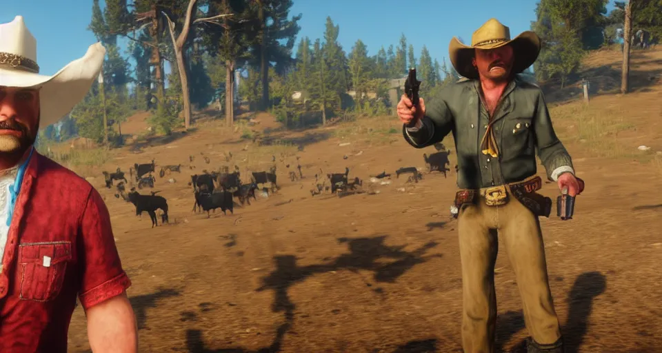 Image similar to Screenshot of Carl Brutananadilewski from Aqua Teen Hunger Force as a 3d cowboy in full cowboy attire in the videogame 'Red Dead Redemption 2'. Sharpened. 1080p. High-res. Ultra graphical settings.