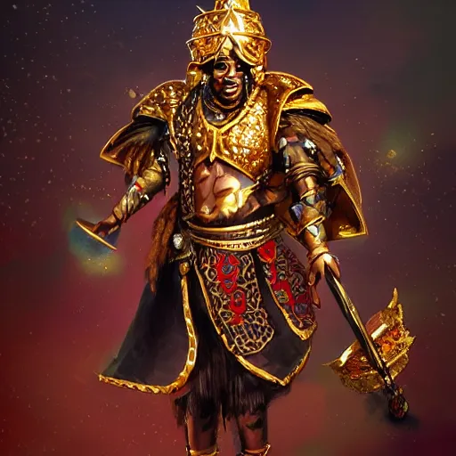 Image similar to a young black boy dressed like an african moorish warrior in gold armor and a crown with a ruby, and a very ornate glowing electric spear!, for honor character digital illustration portrait design, by android jones in a psychedelic fantasy style, dramatic lighting, hero pose, wide angle dynamic portrait