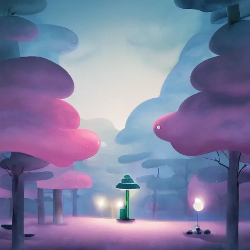 Prompt: a matte digital painting of a candy forest at night, watercolor, volumetric macro photography, children illustration, by goro fujita