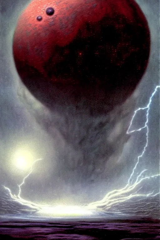 Prompt: terrifying storm clouds over alien planet by thomas ligotti and wayne barlowe