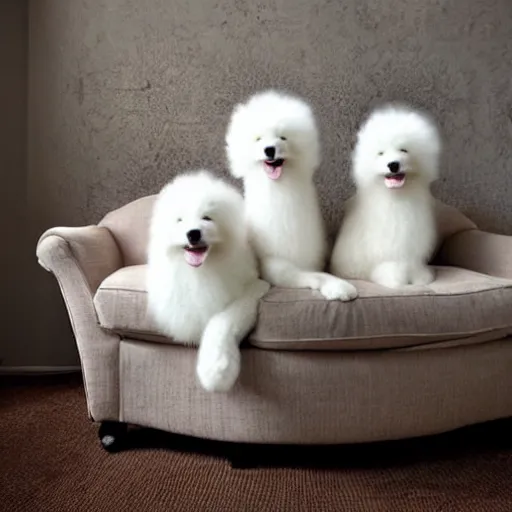 Prompt: realistic, sharp, several white and fluffy samoyeds sitting on the couch wearing birthday hats and smiling to you, happy, cute