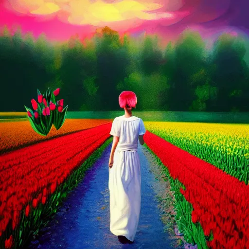 Image similar to large tulip as a face, girl walking in a flower field, surreal photography, sunrise dramatic light, impressionist painting, colorful clouds, digital painting, artstation, simon stalenhag, flower face