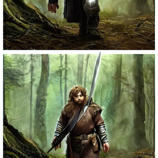 Image similar to a rugged warrior hobbit in leather armor with very short hair and a dark green cloak hiking through the forest holding a hunting bow, clean shaven, trending on artstation, realistic, detailed, by Tony Sart