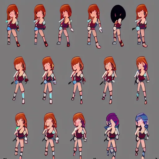 Image similar to walk animation sprite sheet of a girl, artstation, detailed, concept art, 4 k,