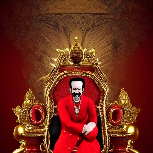 Image similar to the king of india sitting on a throne wearing a black suit and a red fez, detailed masculine face with red lips, black eyes and large forehead, detailed body, moody atmosphere, digital art, highly detailed, high contrast, beautiful lighting, award winning, trending on art station, photorealistic, 8 k,