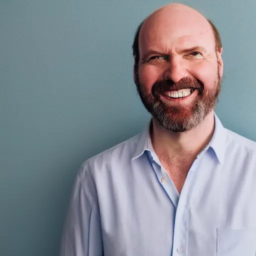 Image similar to color photograph of a balding middle aged hairy blue eyed round faced white man dressed in a white shirt and grey pants and black dress shoes smiling at the camera with perfect straight white teeth