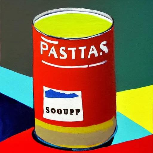 Prompt: In this painting, the artist has used a photo-realist style to depict a can of soup. The can is placed on a plain background, and the artist has used bright, primary colors to create a striking image. The painting is both realistic and abstract brutalism, Prada by Pascale Campion, by Steve Hillier 3d render