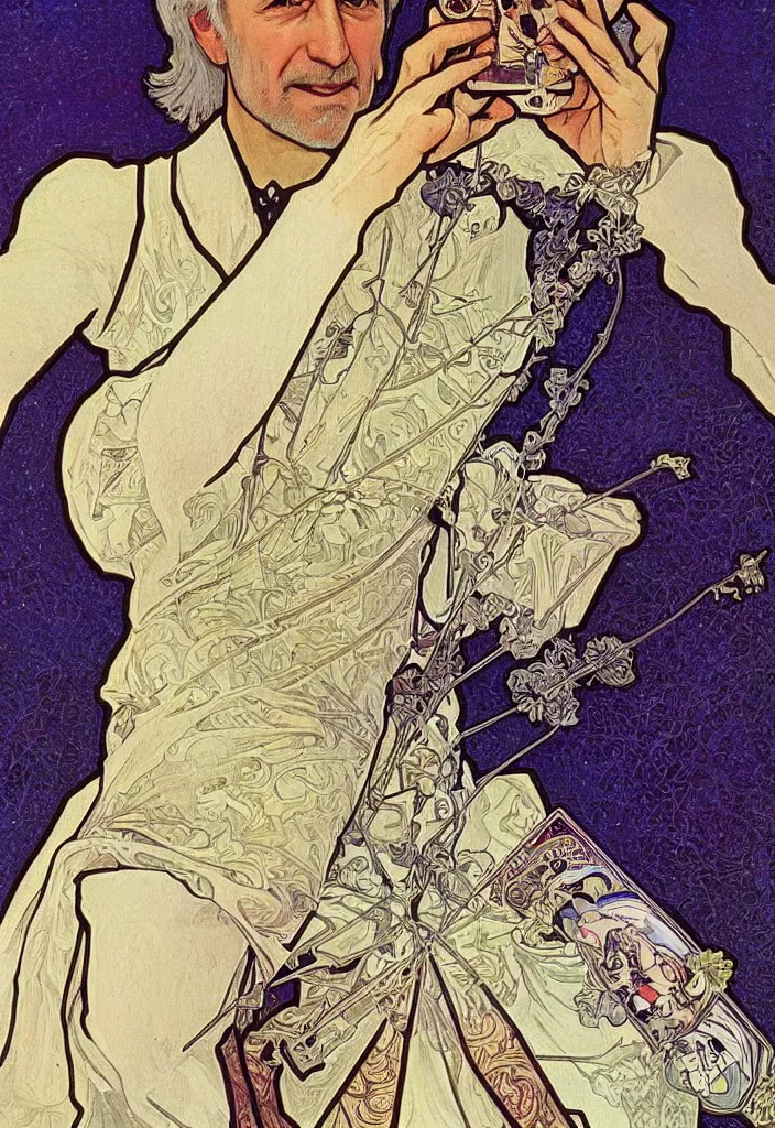 Image similar to realistic white - haired geoffrey hinton on a tarot card, tarot in art style by alphonse mucha