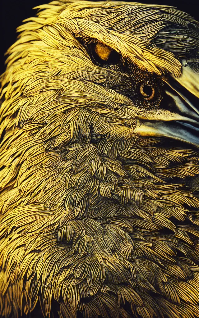 Image similar to A tyrex with golden feathers, hyperrealistic portrait, 50mm, 1.4, kodak portra, studio