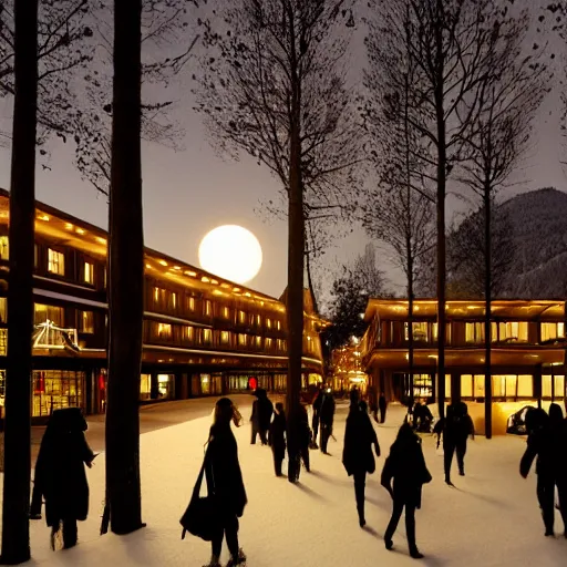 Image similar to winter town centre inspired by Peter Zumthor,bus,people walking winter sunset,full moon,p