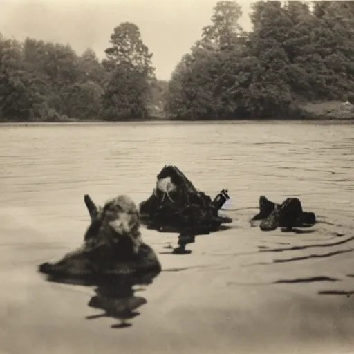 Prompt: creatures in the lake, 1 9 2 0 s photography