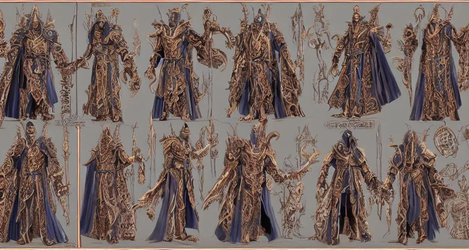 Prompt: A full color character sheet with front, back and side views of an evil Sorcerer n Highly detailed intricate ornamental robes with glowing runes holding an ornate intricate magical staff, video game concept art by Wizards of the Coast, Magic The Gathering, Blizzard, Games Workshop, Greg Rutkowski, Craig Mullins, WETA, Elder Scrolls.