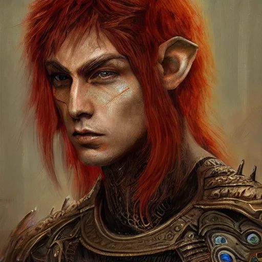 Prompt: portrait painting of an elven young man with short light orange hair and tribal tattoos on his face wearing fur armor, sharp focus, award - winning, trending on artstation, masterpiece, highly detailed, intricate. art by seb mckinnon