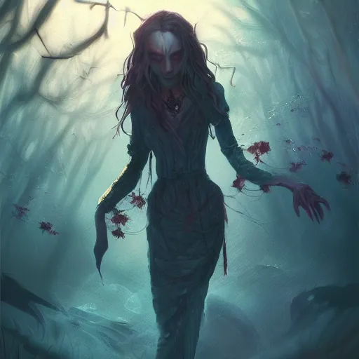 Image similar to Portrait of a vampire in a beautiful haunting world, horror, intricate, elegant, fantasy, highly detailed, digital painting, concept art, sharp focus, illustration, beautiful volumetric lighting, epic light, artstation, magic hour lighting, colorful, sunshine, springtime, art by Sylvain Sarrailh