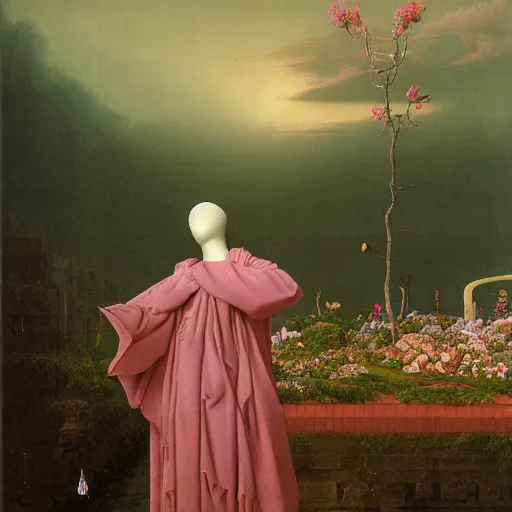 Prompt: David Friedrich, award winning masterpiece with incredible details, Zhang Kechun, a surreal vaporwave vaporwave vaporwave vaporwave vaporwave painting by Thomas Cole of an old pink mannequin head with flowers growing out, sinking underwater, highly detailed