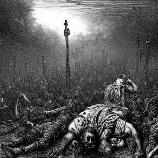 Prompt: nine steel barrels in a graveyard full of zombies, creepy atmosphere, dark, portrait, realistic, illustration by gustave dore