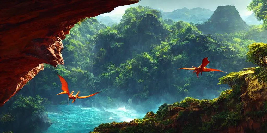 Image similar to wide angle view of swooping (orange red cerulean indigo) pterodactyl, over a deep canyon, mountainous jungle setting, trees, waterfall, river, rocks, dramatic lighting, highly detailed, artstation, unreal engine, matte painting in the style of craig mullins, Uncharted 4, fish eye lens, 8k HDR