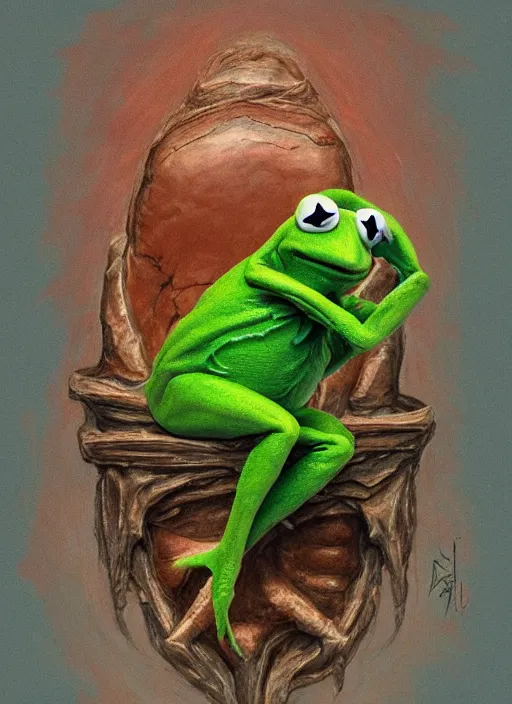 Image similar to portrait of a deformed kermit the frog in the thing ( 1 9 8 2 ), highly detailed, centered, solid color background, digital painting, artstation, concept art, smooth, sharp focus, illustration, artgerm, donato giancola, joseph christian leyendecker, les edwards, ed repka, wlop, artgerm