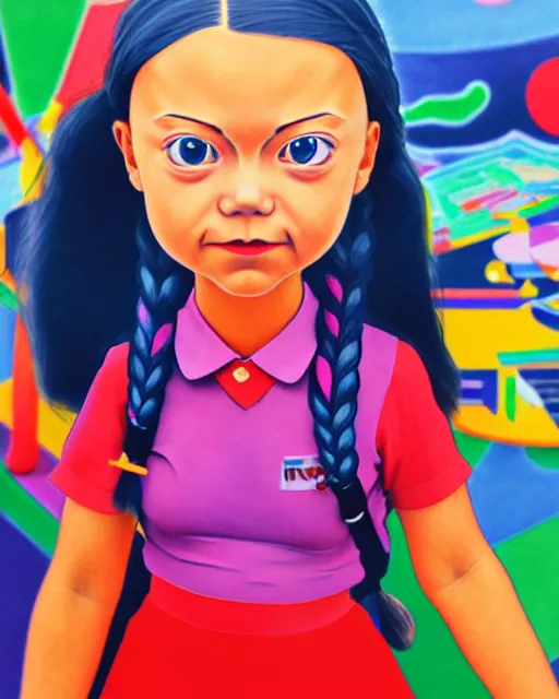Prompt: closeup profile portrait of a tin toy greta thunberg as an anime schoolgirl, bikini, hyper realistic, artstation, illustration, edvard munch, wassily kandinsky, digital paint, matte paint, vivid colors, bright, cheerful, detailed and intricate anime school environment