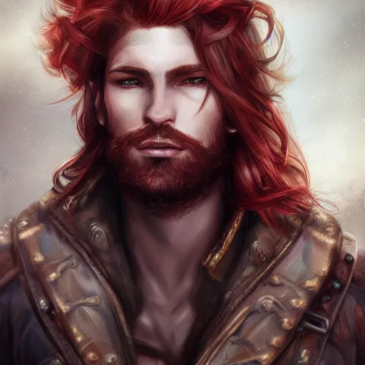 Image similar to rugged young ship captain, male, handsome, red hair, long hair, soft hair, fantasy, intricate, elegant, highly detailed, steampunk, digital painting, artstation, concept art, character art, smooth, sharp focus, illustration, art by artgerm