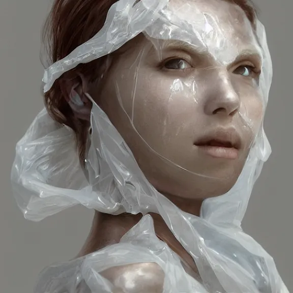 Prompt: woman in a translucent clothing made from plastic bag with paper bags for clothes standing inside paper bags with paper bag over the head, painted portrait, 4k, trending on artstation, octane render, art by artgerm and greg rutkowski and alphonse mucha and craig mullins and James Jean and Andrei Riabovitchev and Marc Simonetti and peter mohrbacher