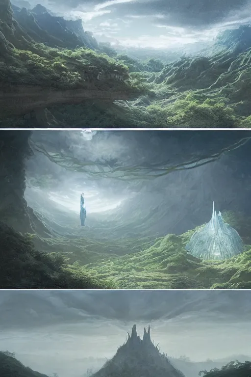 Image similar to amazing concept painting, Rivendell Himeji, hallucination, by Jessica Rossier A gleaming white opera hall fortress overlooks a fertile valley, brutalist deak ferrand Jean-pierre Ugarte bases, garden of eden, by HR giger by Beksinski,