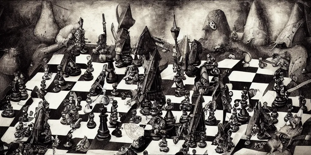Image similar to chess game, chess, black square, white square, gameplay in style of hieronymus bosch paintings, painting, gameplay, high detailed, dark fantasy, dark tones, armored units, high detailed, contrast, octane render, mill, farm, creative