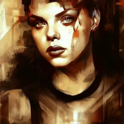 Prompt: camren bicondova and scarlett johansson as catwomen morphed together, hybrid, jeremy mann painting