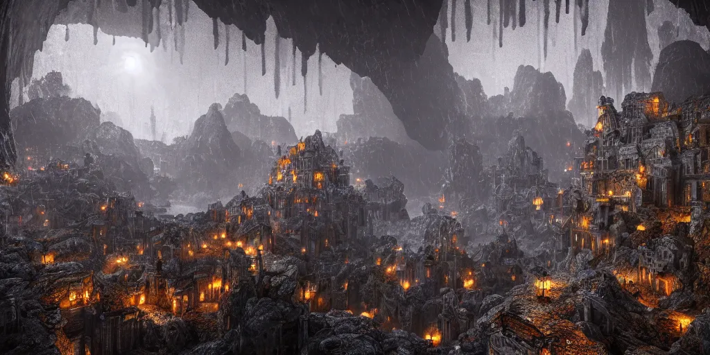 Image similar to A shining dwarven city made out of intricately carved stone in a dark cavern, rainy, dark and gloomy atmosphere, fantasy digital art, octane render, beautiful composition, trending on artstation, award-winning photograph, masterpiece