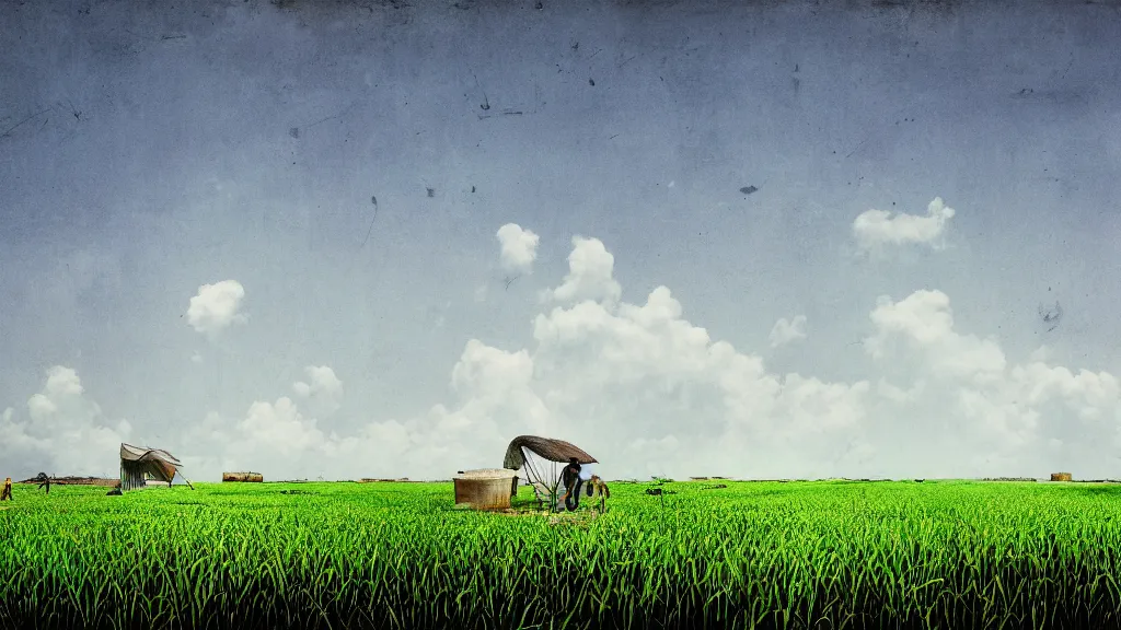 Image similar to farmer and sugar cane field, okinawa japan, a collage painting, in the style of wes anderson, lola dupre, david hockney, isolated on negative white space background dark monochrome neon fluorescent spraypaint accents volumetric octane render