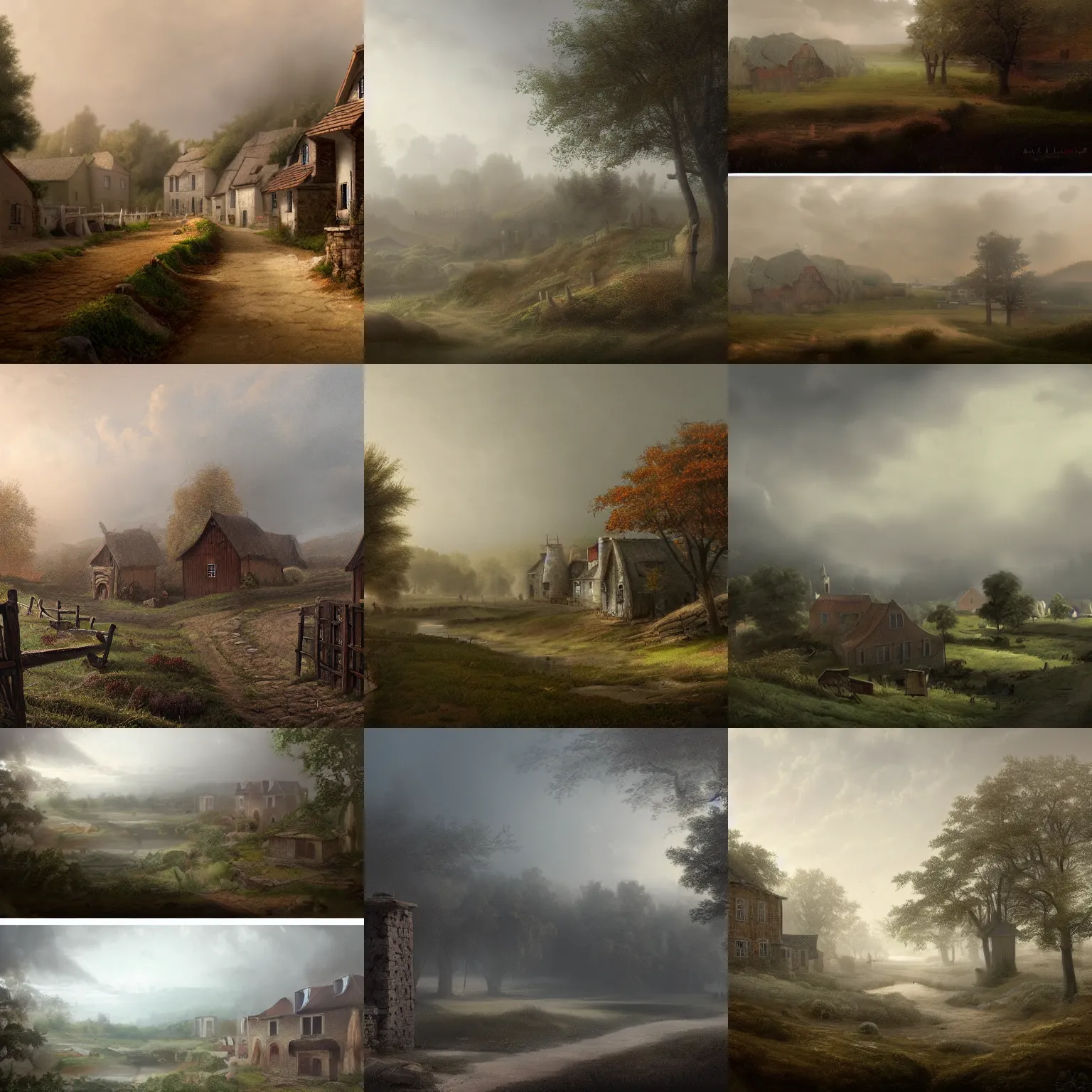 Prompt: matte painting of a countryside landscape of a 1 8 th century village. gloomy, fog, elaborate, detailed digital art trending in artstation