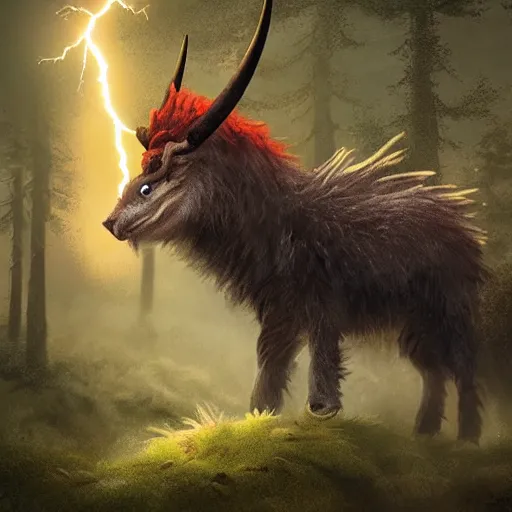 Prompt: creature fluffy animal with horns and short legs and arms and red eyes, forest scene, highly detailed, cinematic lightning, epic fantasy style art