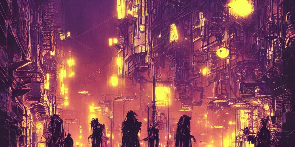 Prompt: futuristic steampunk alley , dark tall people, night, colored neons, mist, video screens, street lights, cinematic, star wars, illustration by moebius and Bill Sienkiewicz