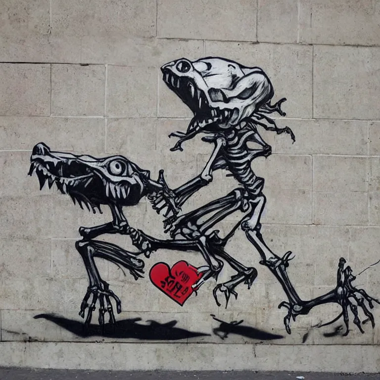 Image similar to Street-art painting of cute crocodile-skeleton in style of Banksy, comic character, cute skeleton, cartoon style, photorealism