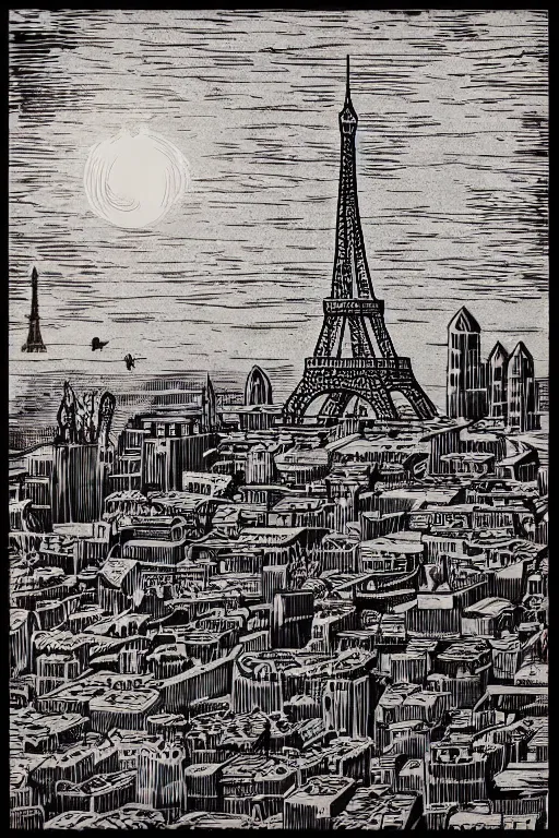 Image similar to a beautiful woodcut print of paris, 8 k, frostbite 3 engine, cryengine, dof, trending on artstation, digital art, crepuscular ray, art by fossi _ images and tugboat printshop