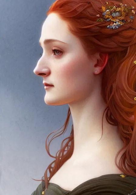 Image similar to sansa stark in sanset, intricate, elegant, highly detailed, digital painting, artstation, concept art, smooth, sharp focus, illustration, art by artgerm and greg rutkowski and alphonse mucha and william - adolphe bouguereau