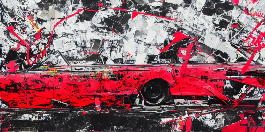 Prompt: lowrider crash test, collage paper and tape, black and red spray paint, acrylic on canvas, hyperrealism mixed with expressionism, high resolution, cinematic, unreal 6 breathtaking detailed, by blake neubert, by matt sesow