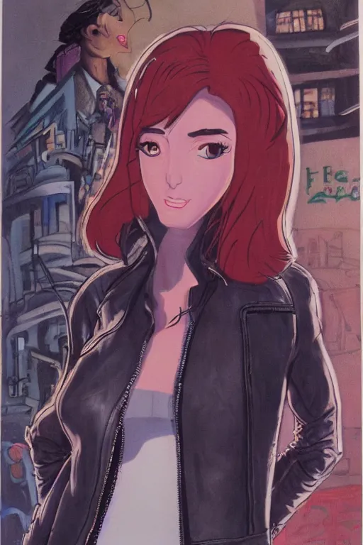 Image similar to portrait of an attractive young female protagonist, center focus, wearing leather jacket, in city street, detailed face, artwork by ralph bakshi