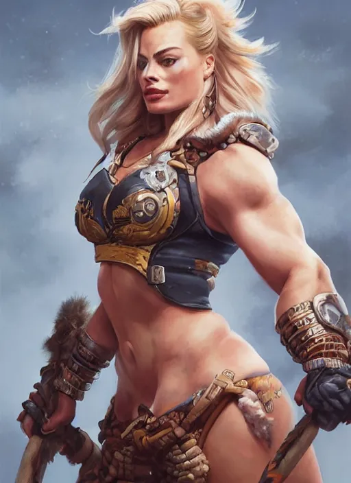 Prompt: detailed portrait of margot robbie as a thick female bodybuilder barbarian zarya from overwatch, attractive, beautiful, fantasy, intricate, elegant, highly detailed, digital painting, artstation, concept art, matte, sharp focus, illustration, art by aenaluck, artgerm and roberto ferri and greg rutkowski, epic fantasy, digital painting