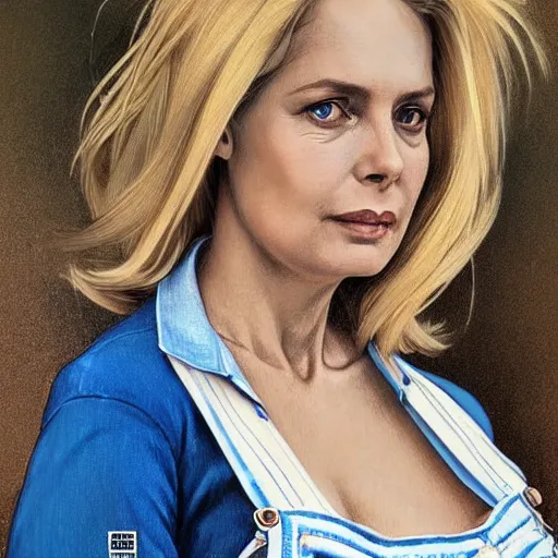 Prompt: portrait of a blonde fuller figured middle aged barbara bach from the bond film wearing blue dungarees and eating ice creams in porto, real life skin, intricate, elegant, highly detailed, artstation, concept art, smooth, sharp focus, art by artgerm and greg rutkowski and alphonse mucha