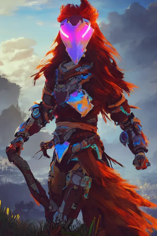 Image similar to combination suit armor aloy horizon forbidden west horizon zero dawn radiating a glowing aura global illumination ray tracing hdr fanart arstation by ian pesty and alena aenami artworks in 4 k tribal robot ninja mask helmet backpack