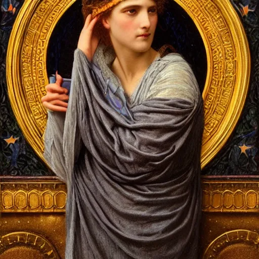 Prompt: the night crown, by John William Godward and Annie Swynnerton, embroidered robes, starry tattoos, elaborate costume, geometric ornament, symbolist, soft colors, dramatic lighting, smooth, sharp focus, extremely detailed