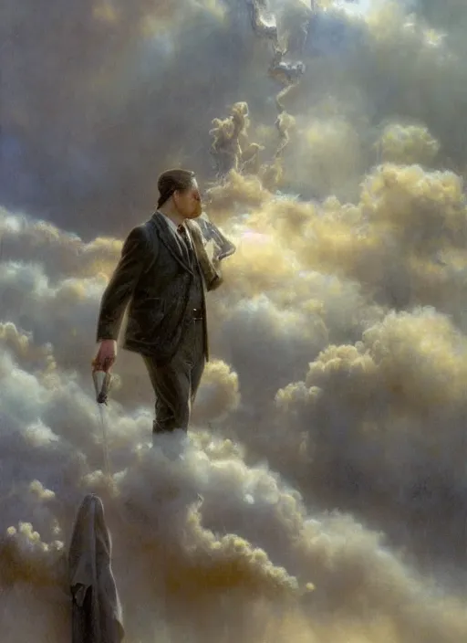 Prompt: A telemarketer walking out of of misty steam clouds, intricate, elegant, highly detailed, donato giancola, Joseph Christian Leyendecker, WLOP, Boris Vallejo, Artgerm