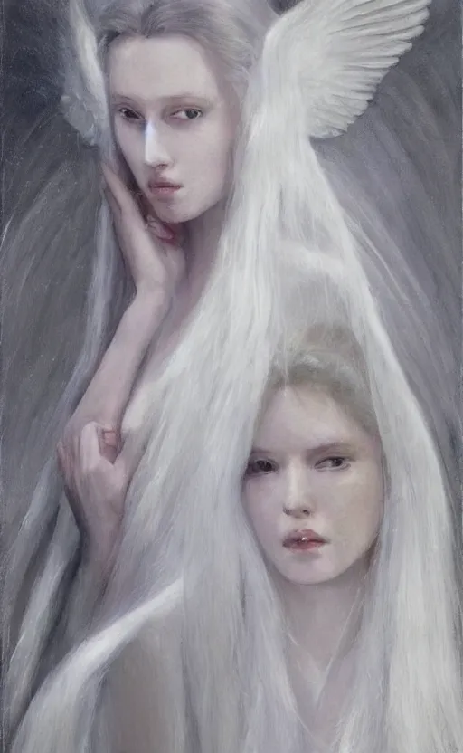 Image similar to angelic beauty with silver hair so pale and wan! and thin!?, flowing robes, covered in robes, lone pale wan fair skinned goddess, wearing robes of silver, flowing, pale skin, young cute face, covered!!, clothed!! oil on canvas, style of lucien levy - dhurmer and jean deville, 4 k resolution, aesthetic!, mystery