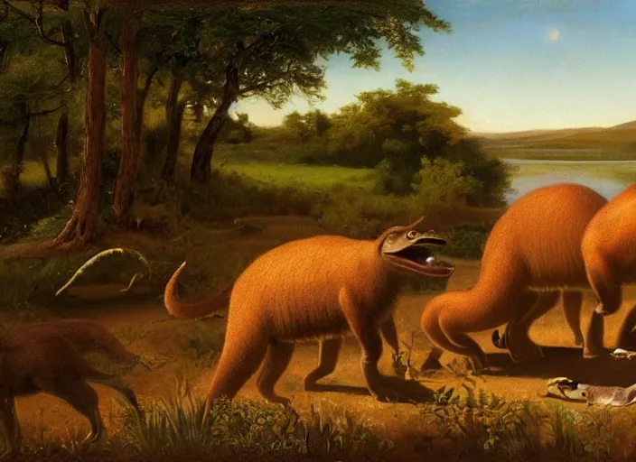 Prompt: the first mammals start to appear after the long impact winters, mammals such as the morganucodontids explore the new lands of the paleogene era of earth, in the style of hudson river school of art, oil on canvas