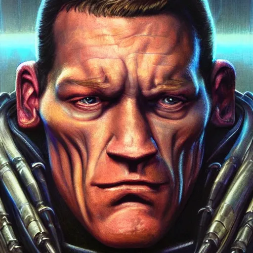 Prompt: cinematic bust portrait of beautiful John Cena from left, head and chest only, exotic alien features, robotic enhancements, desaturated, Tim Hildebrandt, Wayne Barlowe, Bruce Pennington, donato giancola, larry elmore, oil on canvas, masterpiece, trending on artstation, featured on pixiv, cinematic composition, dramatic pose, beautiful lighting, sharp, details, hyper-detailed, HD, HDR, 4K, 8K