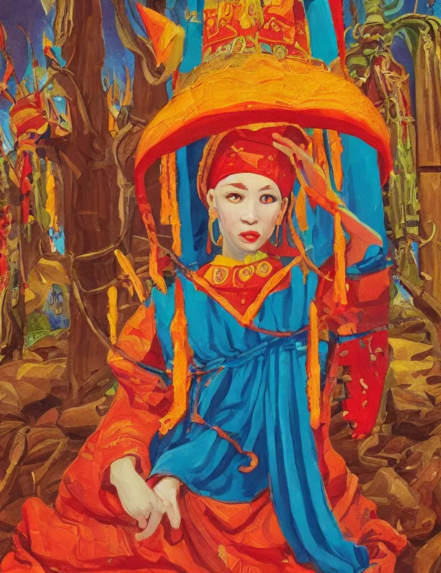 Prompt: chili pepper priestess at the shrine. this heavily stylized oil painting by the beloved children's book illustrator has interesting color contrasts, plenty of details and impeccable lighting.