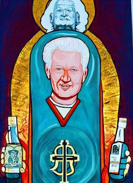 Prompt: president yeltsin with a bottle of vodka, icon with a halo, color art in a church style