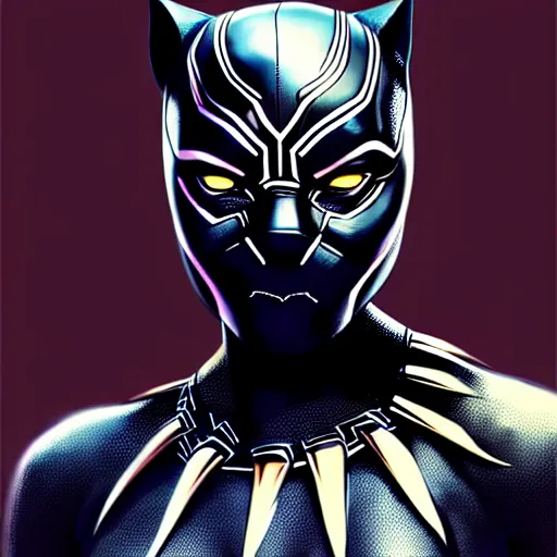 Image similar to portrait of woman black panther character, confident pose, sharp focus, illustration, highly detailed, concept art, matte, trending on artstation, anime, comics, marvel, art by wlop and artgerm and greg rutkowski, h 6 4 0