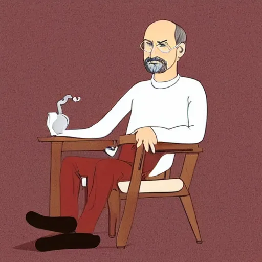 Image similar to a man who looks similar to steve jobs smoking tea leaves in a brown mahogany wood pipe, sitting in a rocking chair, legs crossed, looking directly at the viewer, art by rupi kaur